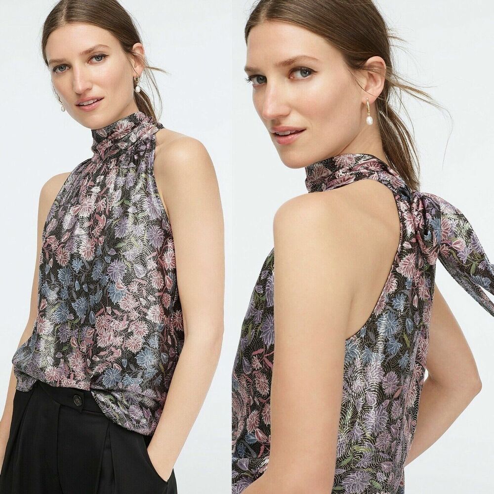 NWT J.Crew Collection Tie-Neck Top in Shimmering Floral Jacquard Size Small $128